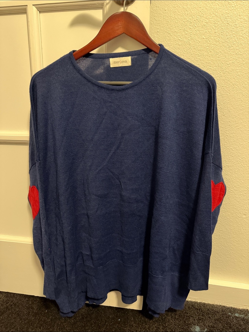 mersea Navy Knit Sweater with Red Heart Elbow Patches